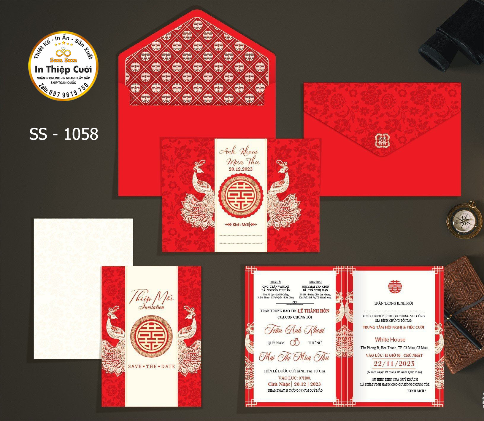 Thiệp cưới DQ-2025 Đỏ nhung - In ấn Ưu Việt